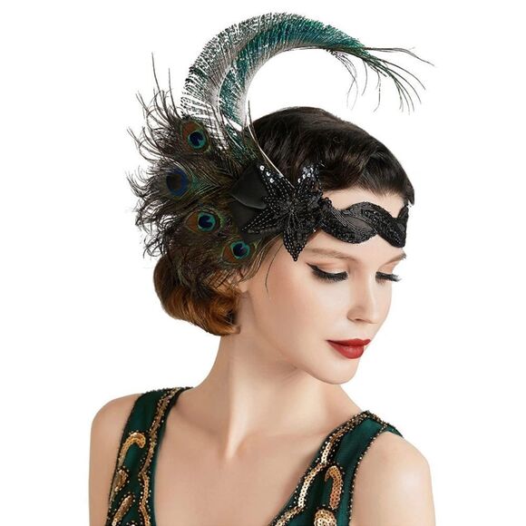 1920s Flapper Headpiece Peacock Feather Headband - Picture 1 of 4